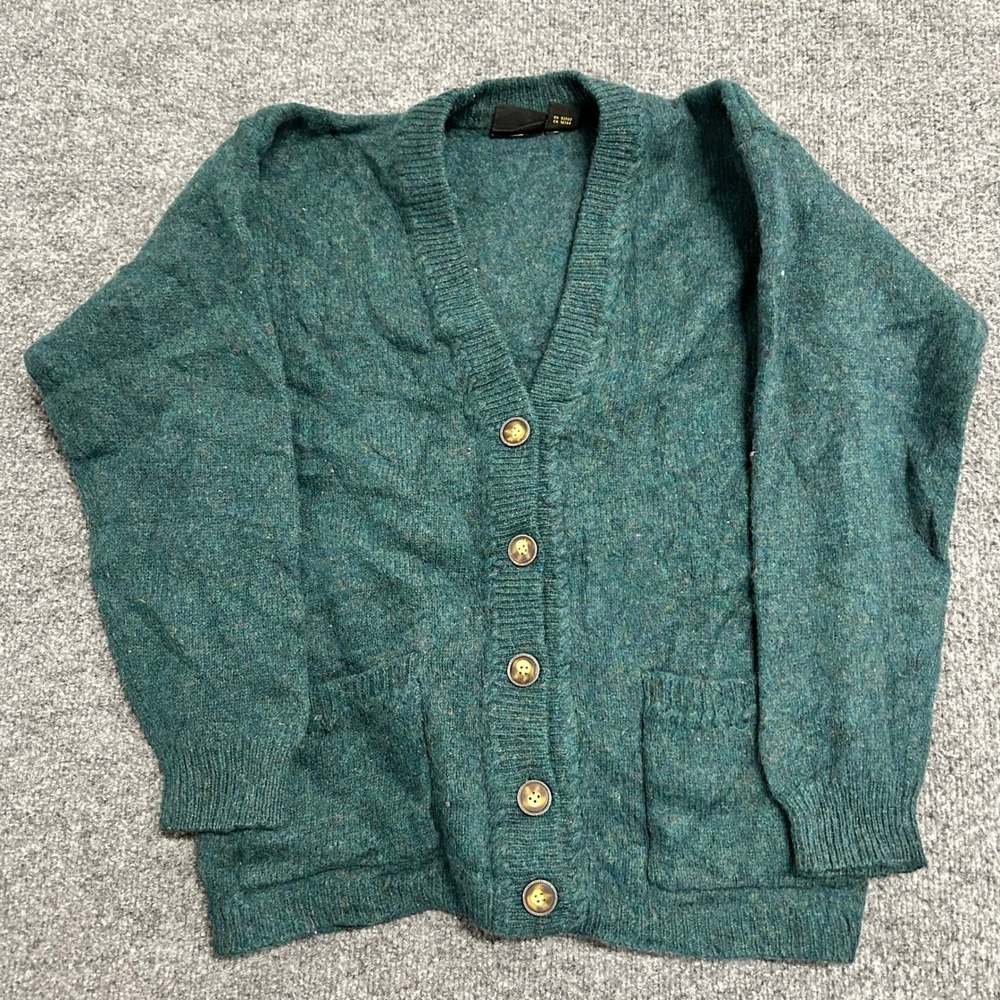 Lizsport Cardigan Womens PM Green Wool V-Neck Marled Knit Button Front Pocket